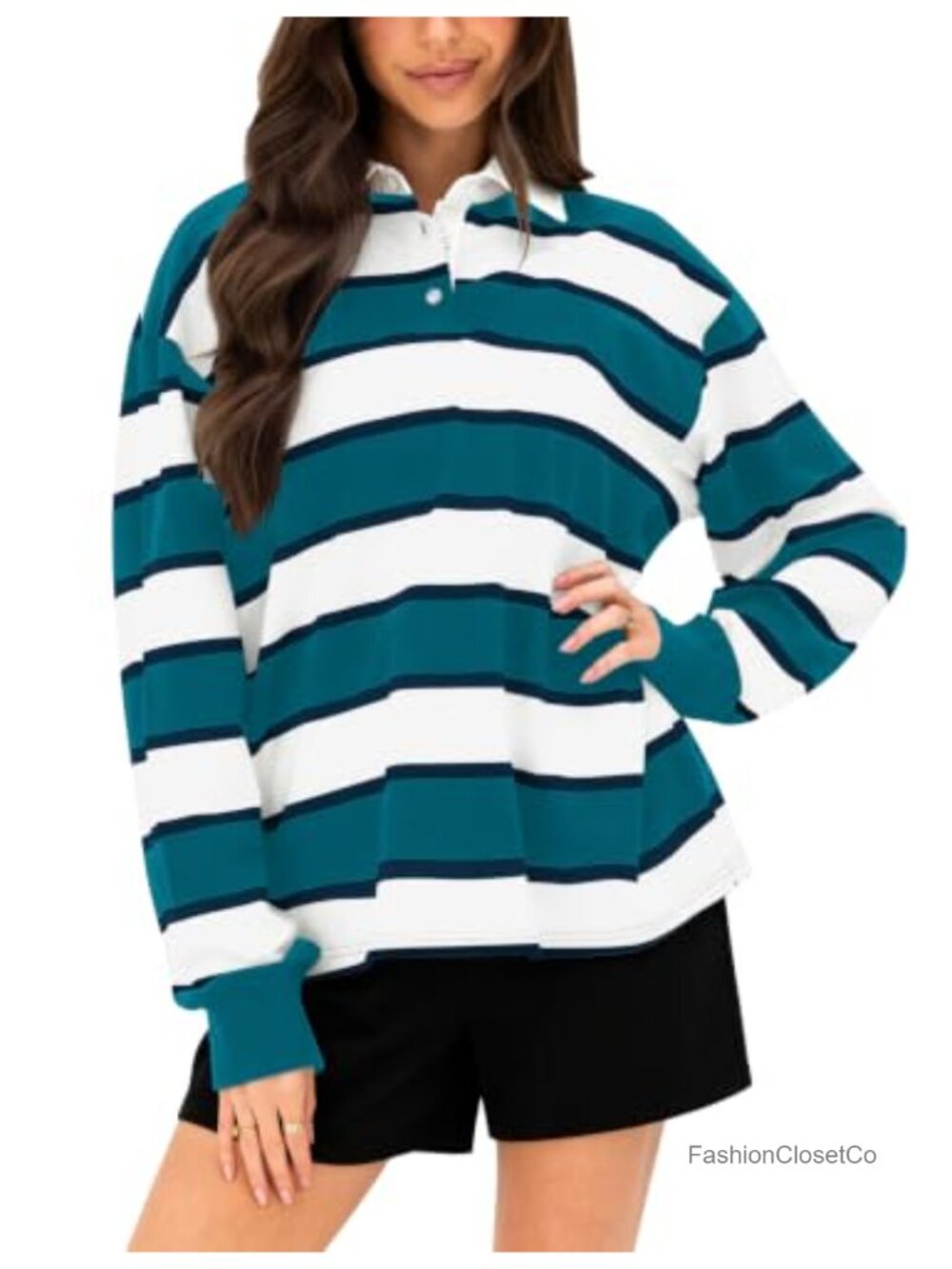Oversized Striped Long Sleeve Rugby Polo Shirt Womens Cotton Blend
